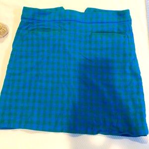 J Crew linen work skirt, gingham blue and green